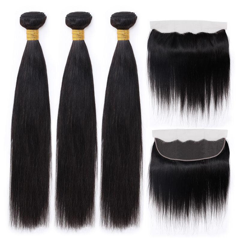 Brazilian Straight Lace Frontal 13x4 Free Part With Human Hair 3 Bundles-Hairsmico - HWP humanhair